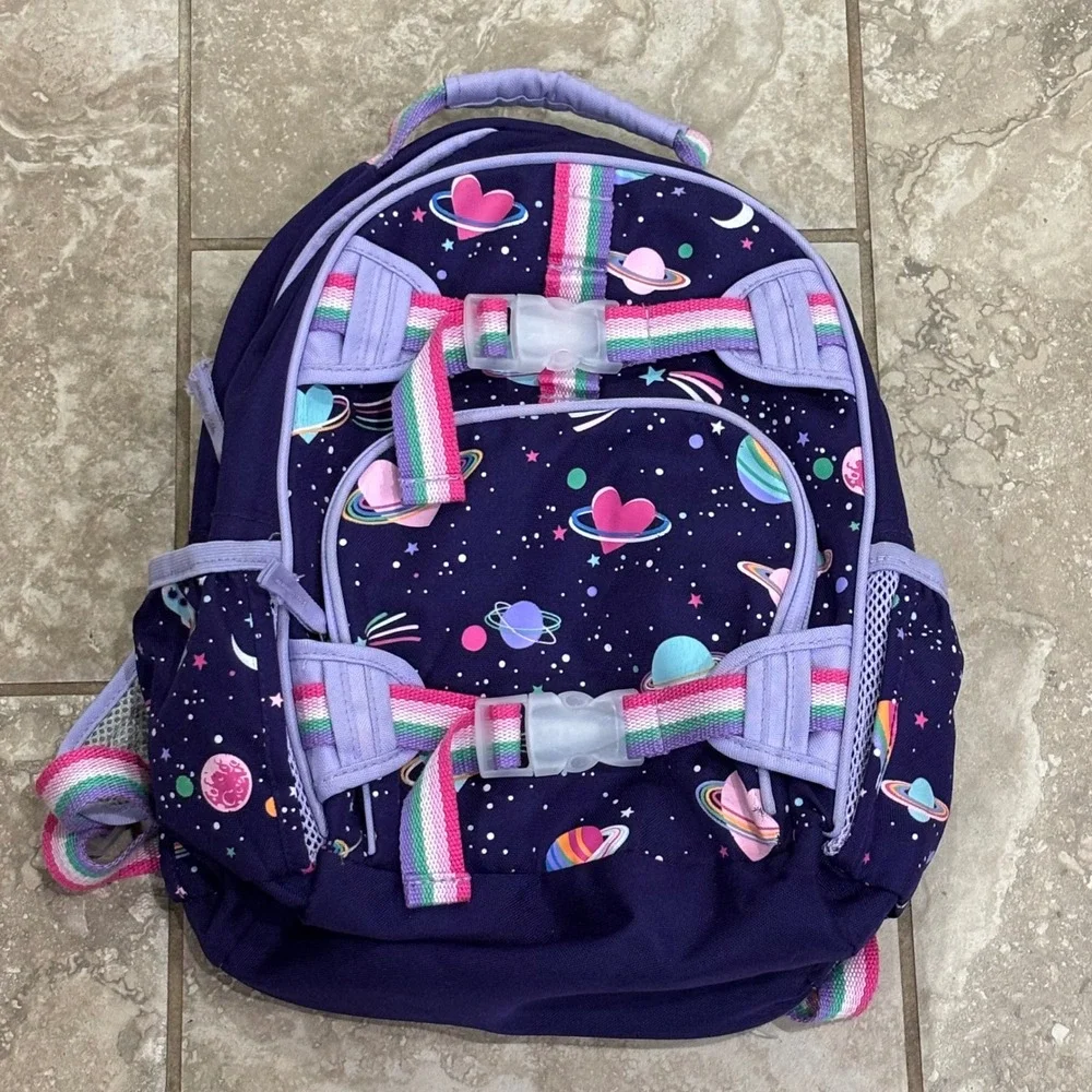 Pottery Barn Kids Galaxy Heart Backpack Purple Rainbow Straps 15 Inch